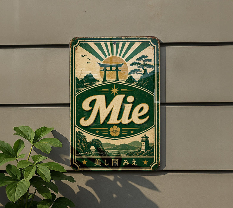 a vintage-style metal sign with a green and gold color scheme, mounted on a wall.