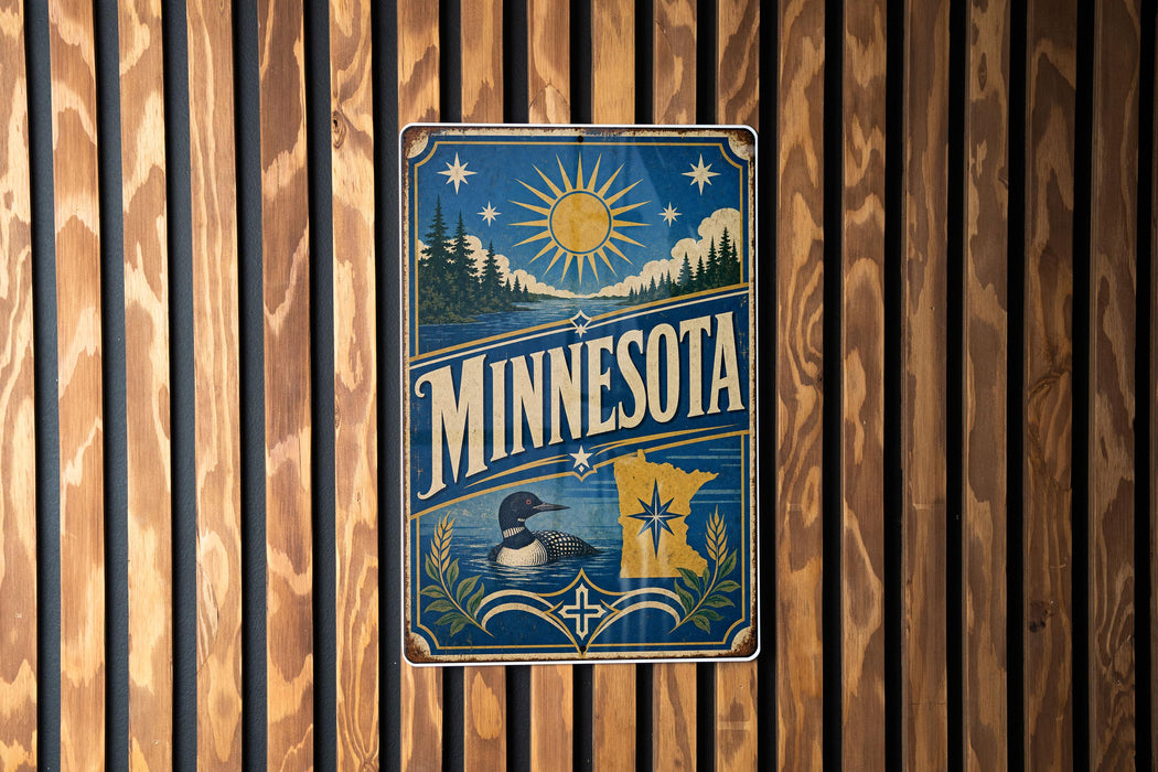 A vintage-style metal sign with the word "MINNESOTA" prominently displayed, featuring a sun, pine trees, and a loon.