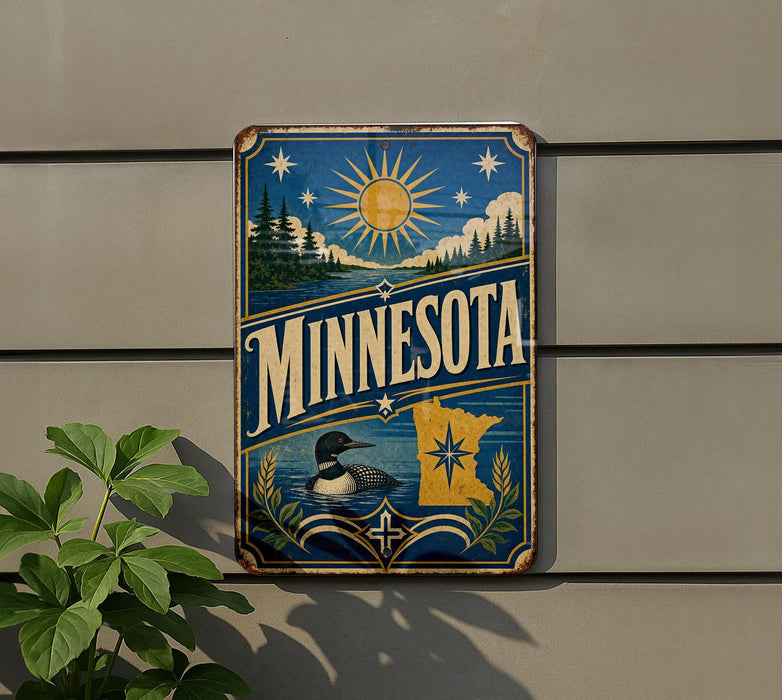 A vintage-style metal sign with the word "MINNESOTA" prominently displayed, featuring a sun, stars, and a loon.