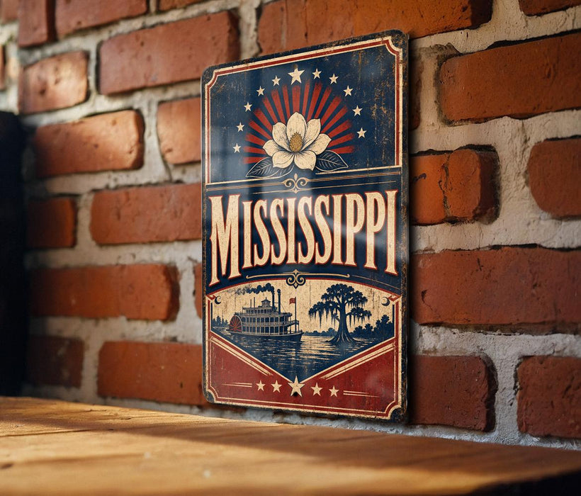 A vintage-style metal sign with the word "MISSISSIPPI" prominently displayed, featuring a red, white, and blue color scheme with a large flower at the center. The sign is mounted on a brick wall, and there is a wooden table below it.