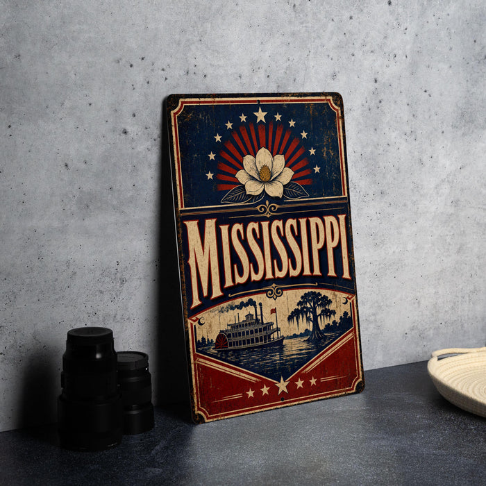 A vintage-style metal sign with the word "MISSISSIPPI" prominently displayed, featuring a large flower and a steamboat illustration. The sign is placed on a gray surface, with some black camera lenses visible in the background.