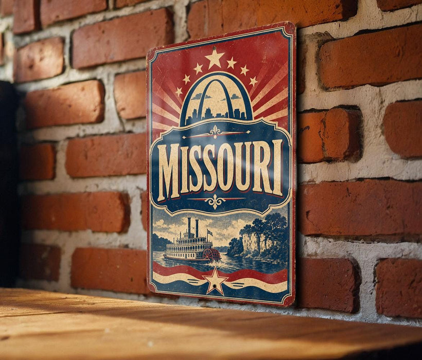 A vintage-style metal sign with the text "Missouri" prominently displayed, featuring a riverboat illustration and a city skyline in the background.