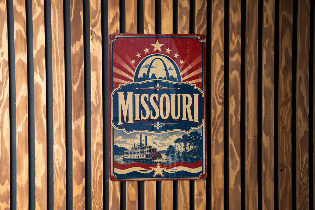 A vintage-style metal sign with the word "Missouri" prominently displayed, featuring a riverboat and a city skyline.