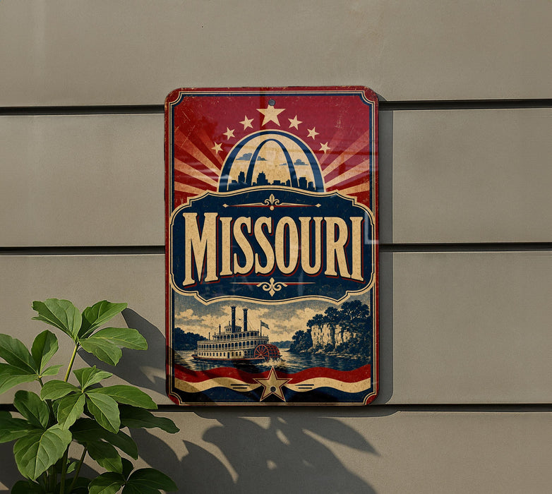 A vintage-style metal sign with the word "Missouri" prominently displayed, featuring a riverboat and a city skyline in the background.