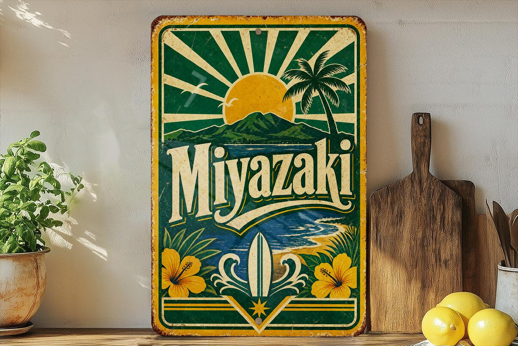 A vintage-style sign for "Miyazaki" is displayed on a shelf, surrounded by various kitchen items such as a potted plant, a cutting board, and a bowl of lemons.