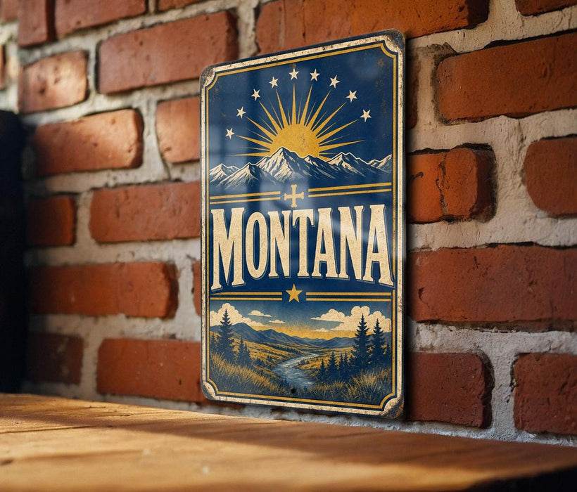 A vintage-style sign with the word "Montana" prominently displayed, featuring a sun and mountain landscape.
