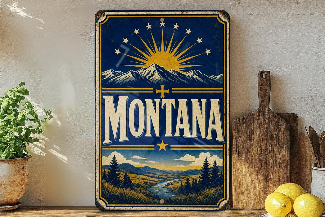 A vintage-style metal sign with the word "Montana" prominently displayed, featuring a sun and mountain landscape design.