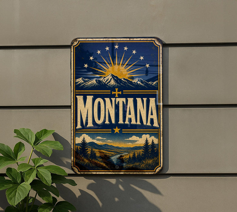 A vintage metal sign with the word "Montana" prominently displayed, featuring a mountain landscape with a sun and stars in the background.