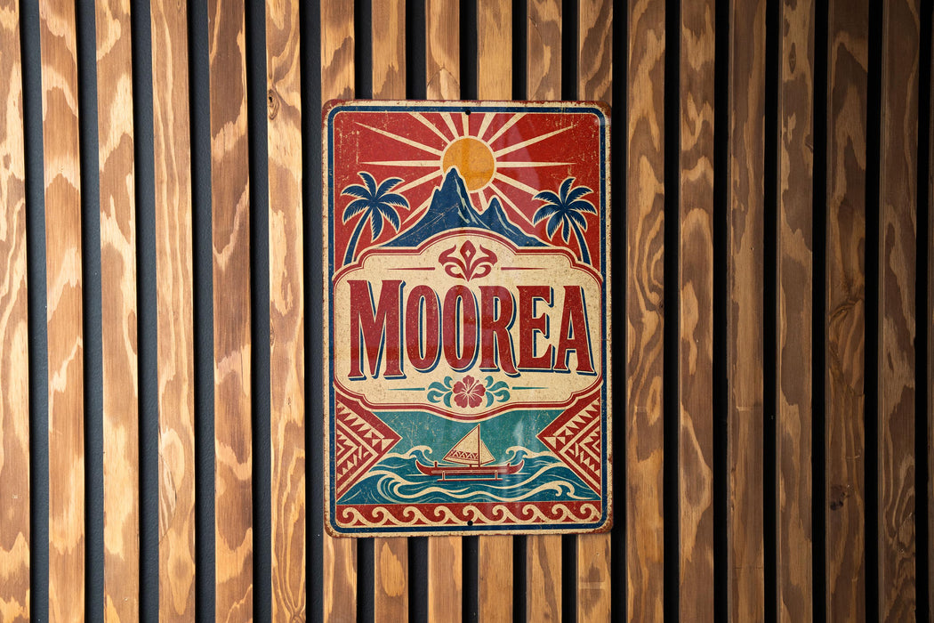 A vintage metal sign with a tropical design, featuring palm trees, mountains, and a boat, is mounted on a wooden wall.