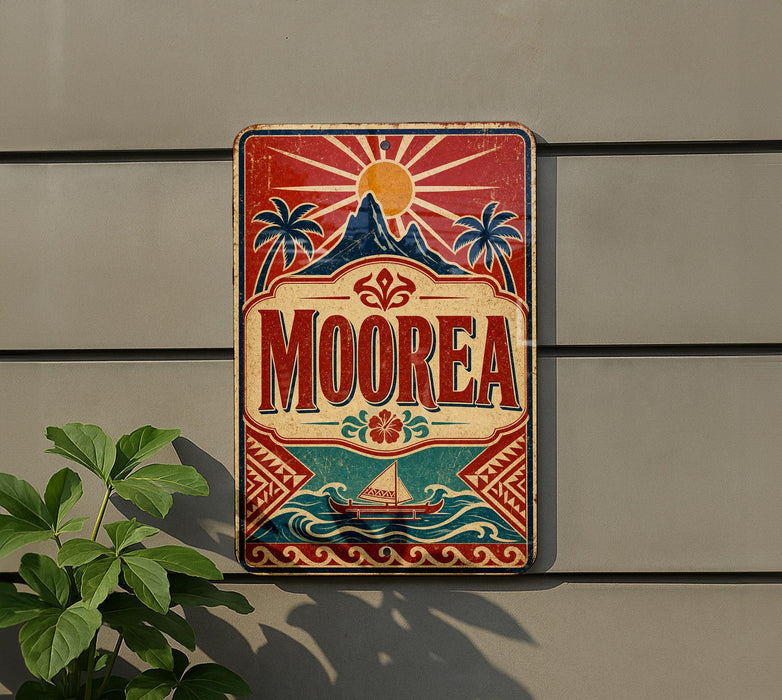 a vintage-style sign with a tropical design, hanging on a wall next to a plant.