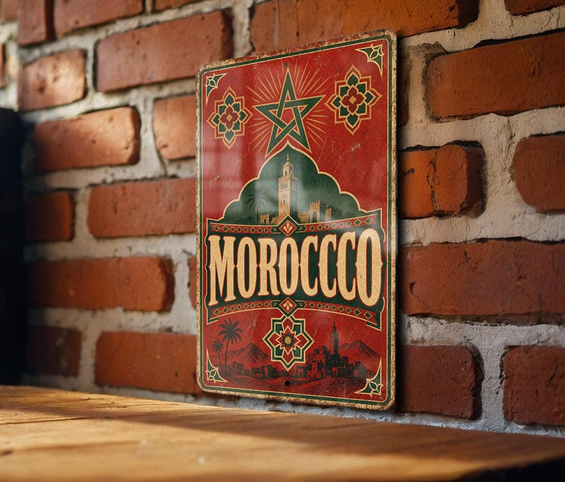 A vintage metal sign with the word "MOROCCO" prominently displayed, featuring a star and decorative elements, is mounted on a brick wall.