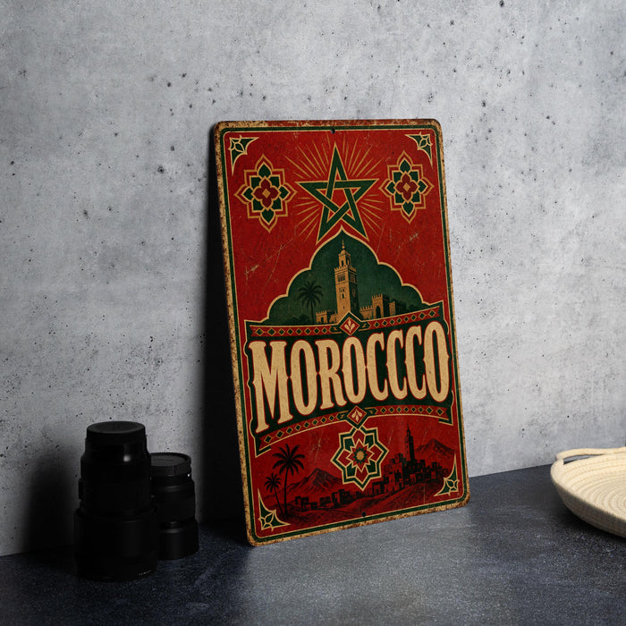 A vintage-style metal sign with the word "MOROCCO" prominently displayed, featuring a star and other decorative elements. The sign is placed on a gray surface, with a stack of black camera lenses and a white dish visible in the background.