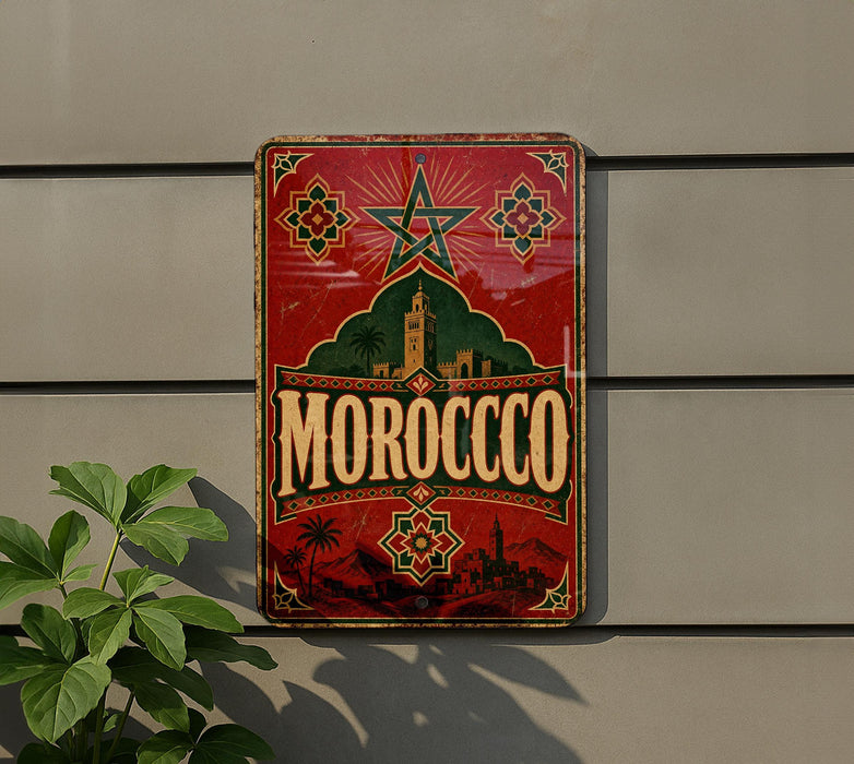 a decorative metal sign with the word "MOROCCO" prominently displayed, along with a star and other ornamental elements. The sign is mounted on a wall, and there is a plant visible to the left of the sign.