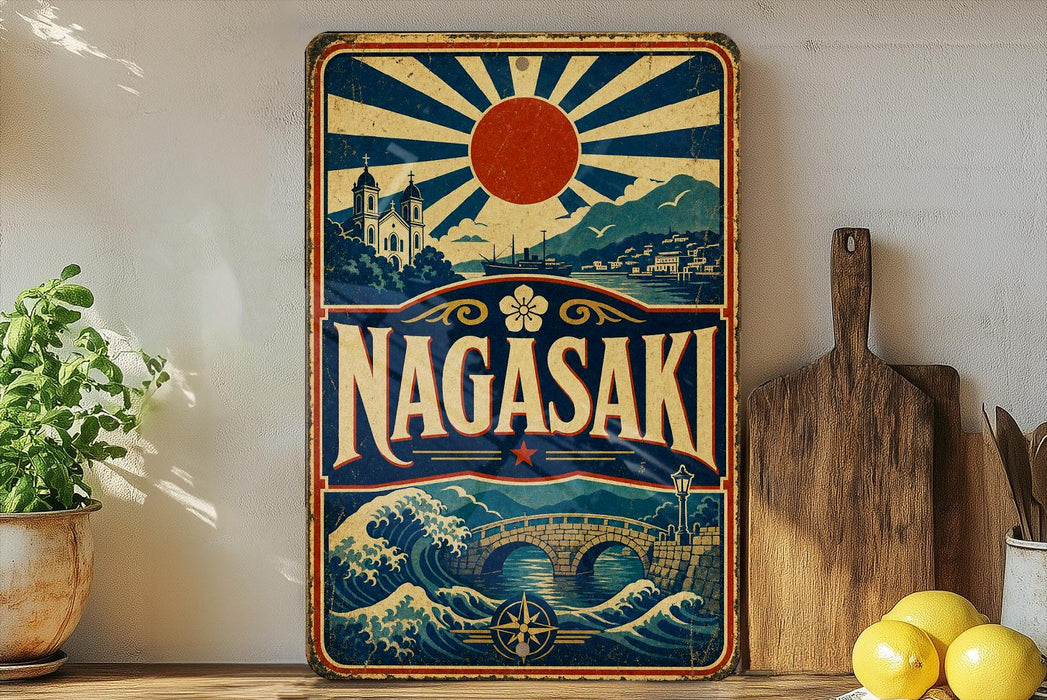 A vintage-style sign for Nagasaki, featuring a sun and waves, with a castle and bridge in the background.