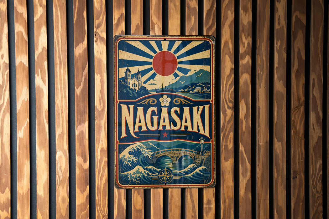 A vintage-style metal sign with the word "Nagasaki" prominently displayed, featuring a sun and waves in the background.