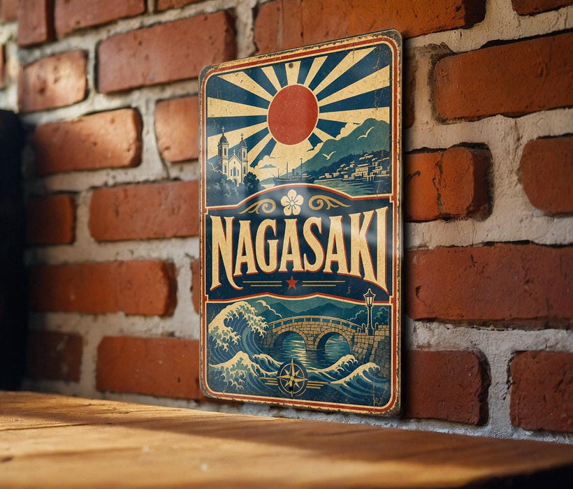 A vintage-style metal sign with a sun and wave design hangs on a brick wall.
