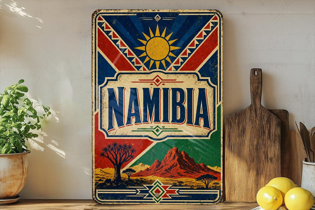 a vintage Namibia poster displayed on a shelf, with a wooden cutting board and a potted plant to the side.