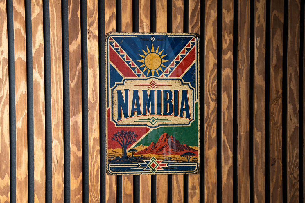 a vintage Namibia poster with a sun and mountain backdrop, hanging on a wooden wall.