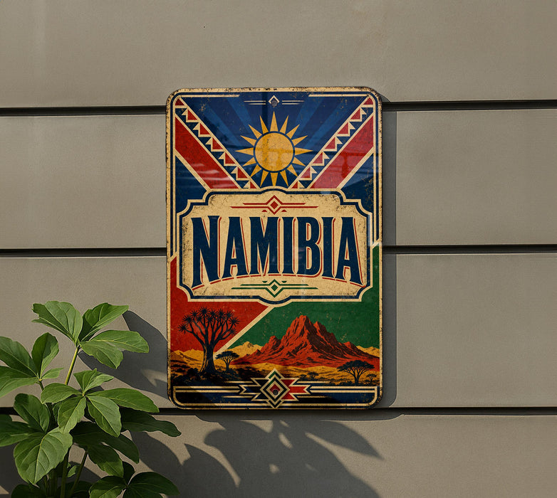 a colorful vintage Namibia sign mounted on a wall, with a plant to the left side.