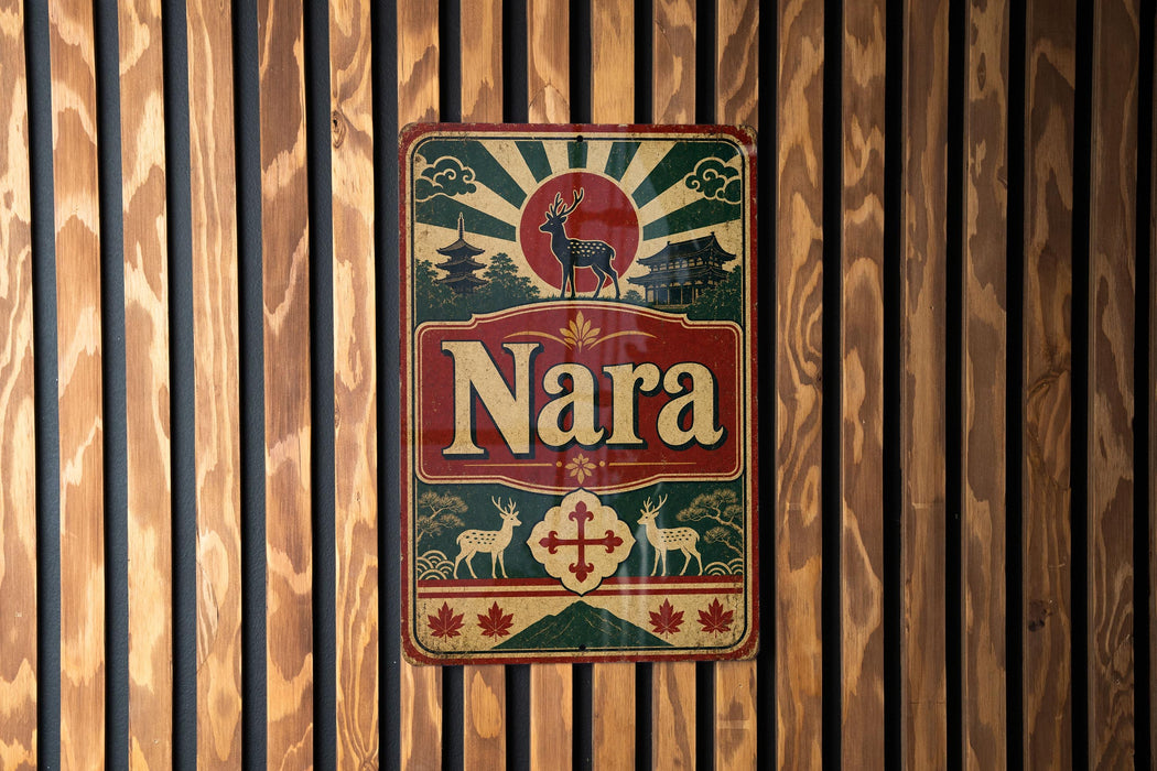 A vintage-style metal sign with the name "Nara" displayed prominently in the center, surrounded by various decorative elements such as a sunburst design, a deer, and other traditional Japanese motifs.