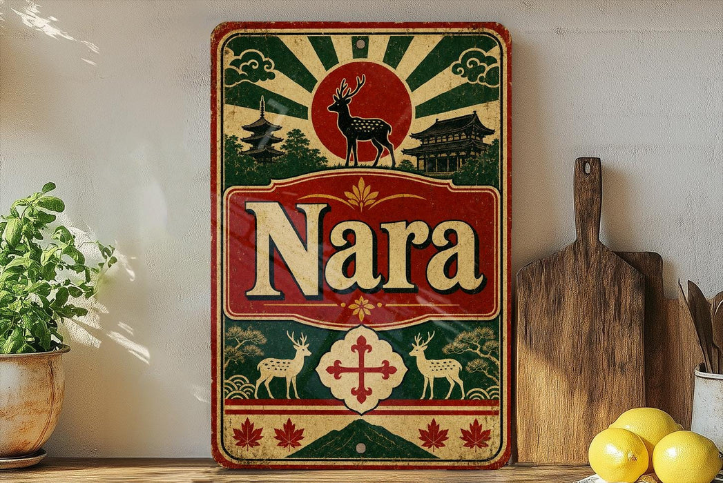 A vintage-style sign with a red and green color scheme, featuring a deer and pagoda in the background, along with the word "Nara" prominently displayed. The sign is placed on a wooden surface, with a potted plant and a wooden cutting board nearby.