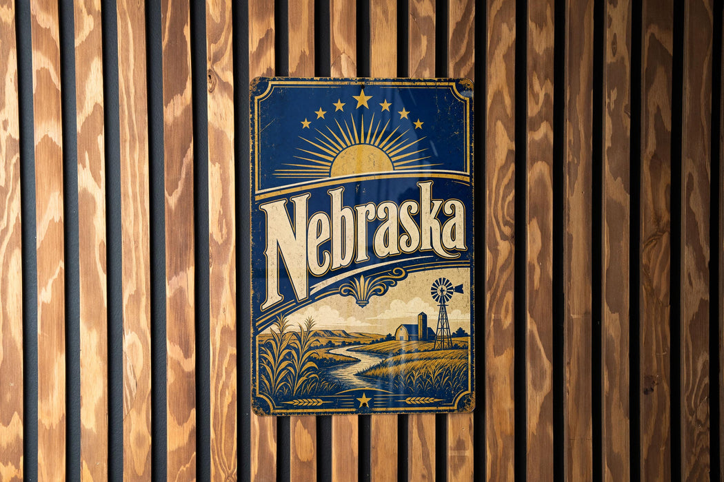 A metal sign with the word "Nebraska" on it, featuring a sun and windmill design, is displayed on a wooden wall.