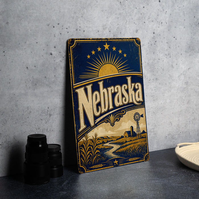A vintage-style metal sign with the word "Nebraska" prominently displayed, featuring a sun and windmill illustration, is placed on a gray countertop next to some black camera lenses.
