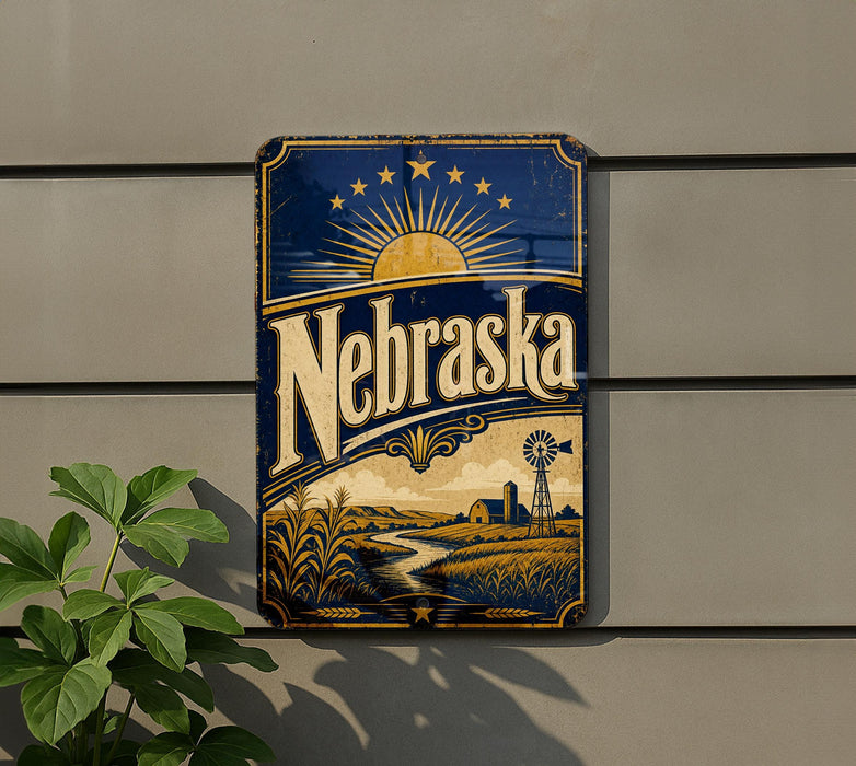 A vintage-style metal sign with the word "Nebraska" prominently displayed, featuring a sun and windmill illustration. The sign is mounted on a wall, and there is a plant visible to the left of the sign.