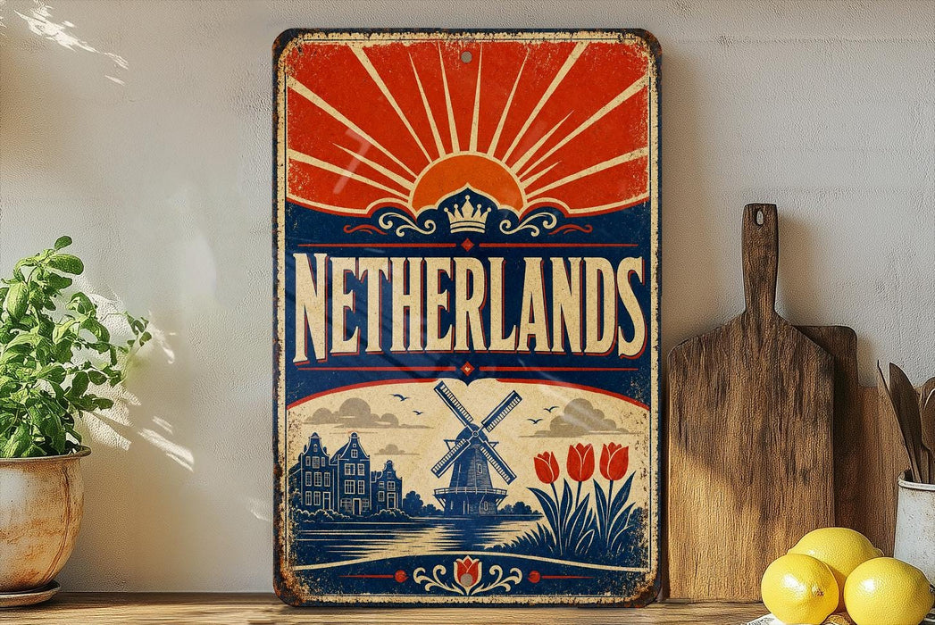 A vintage-style metal sign with the text "Netherlands" prominently displayed, featuring a sunburst design and illustrations of tulips, windmills, and a cityscape.