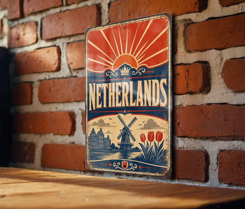 A vintage-style sign for the Netherlands, featuring a sunburst design and a depiction of tulips, is mounted on a brick wall.