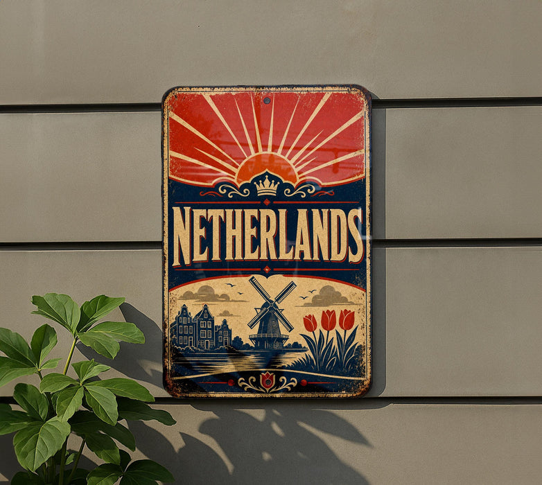 A vintage-style sign with the word "Netherlands" prominently displayed, featuring a sunburst design and a depiction of a windmill and tulips.