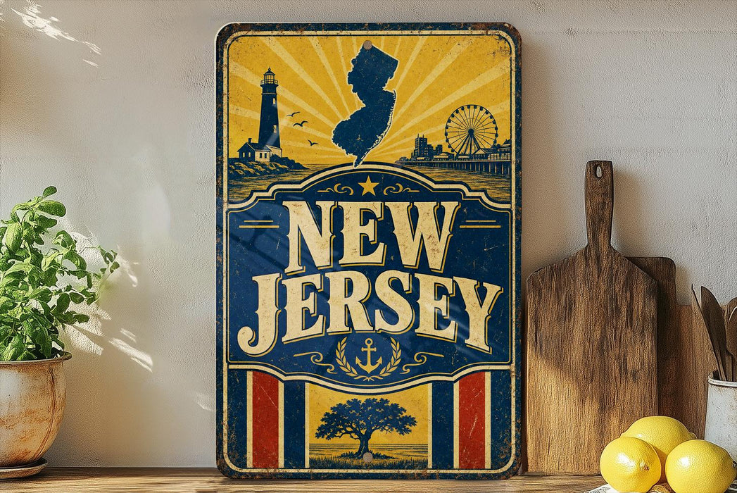 A vintage-style sign for New Jersey featuring a lighthouse, ferris wheel, and other nautical elements, along with the text "NEW JERSEY" prominently displayed.