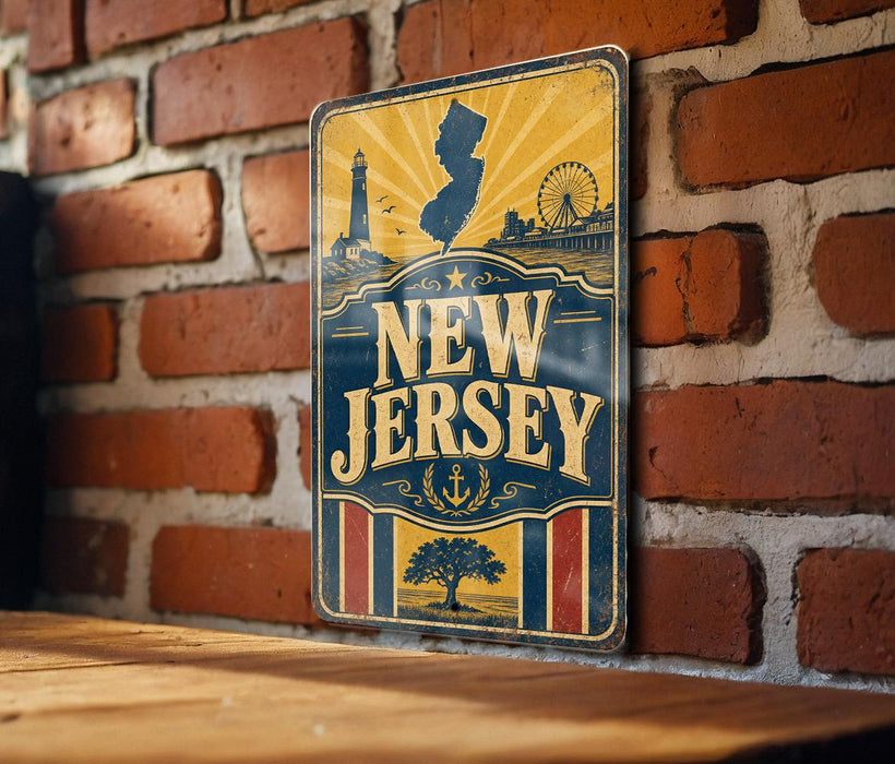 A vintage-style metal sign with the text "NEW JERSEY" prominently displayed, featuring a lighthouse, ferris wheel, and tree silhouette.