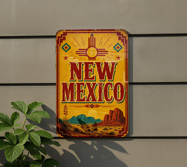 A vintage-style metal sign with the text "NEW MEXICO" displayed prominently, featuring a desert landscape and a sun motif.