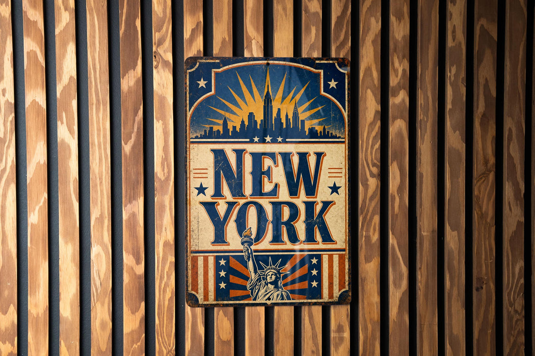 A vintage-style metal sign with the text "NEW YORK" prominently displayed, featuring an illustration of the Statue of Liberty and a city skyline.