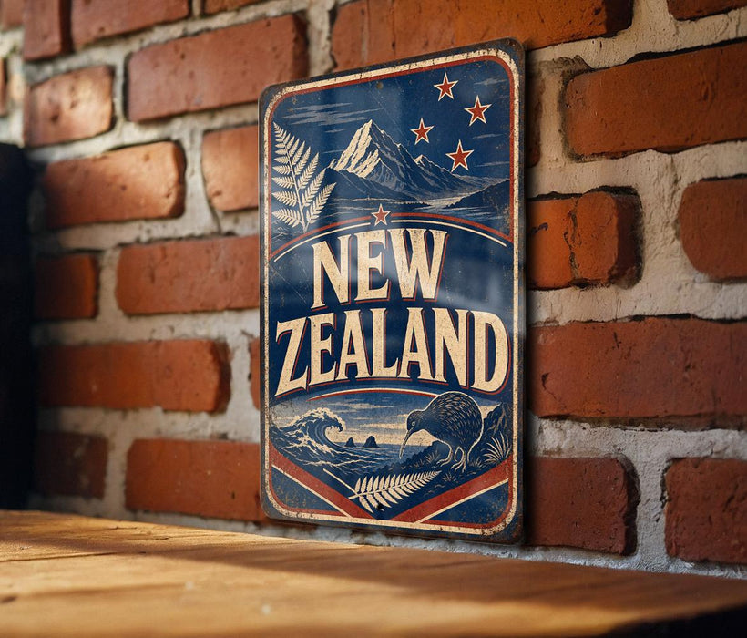 A vintage-style sign with the text "NEW ZEALAND" prominently displayed, featuring a kiwi bird and a mountain landscape. The sign is mounted on a brick wall, and there is a wooden table in the foreground.