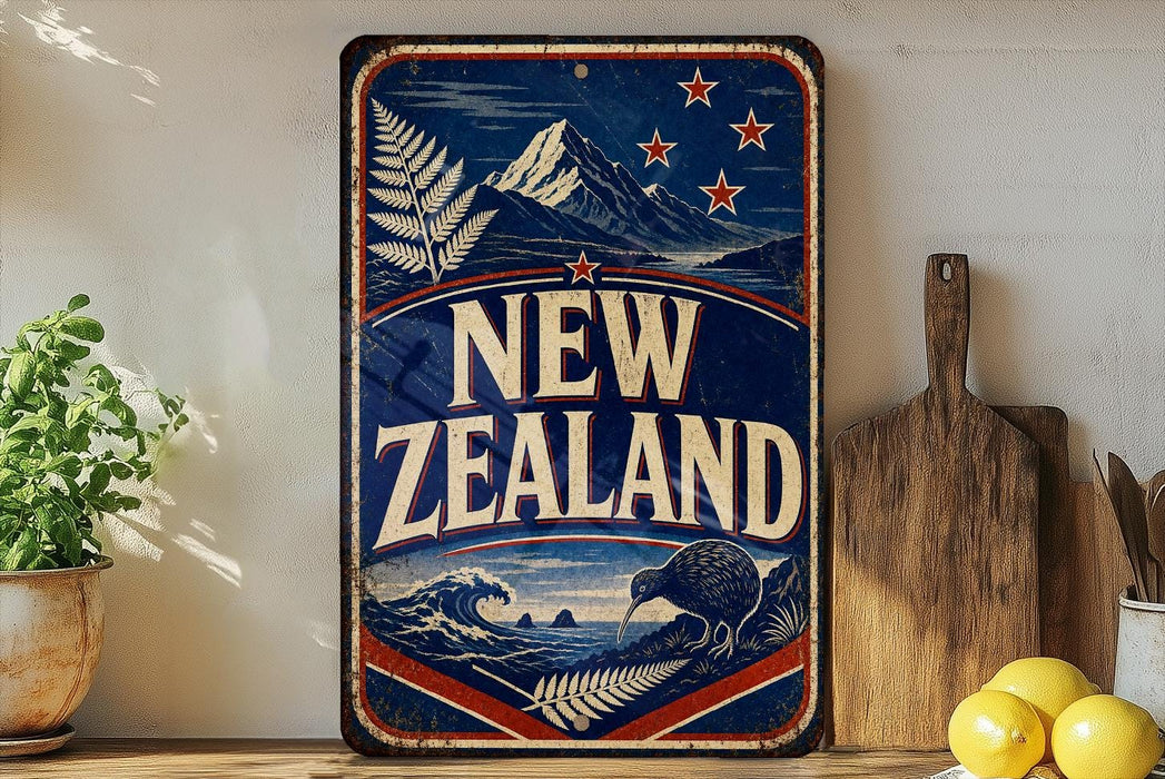 A vintage-style sign for New Zealand, featuring a mountain landscape, stars, and a kiwi bird, is displayed on a shelf next to a wooden cutting board and some lemons.