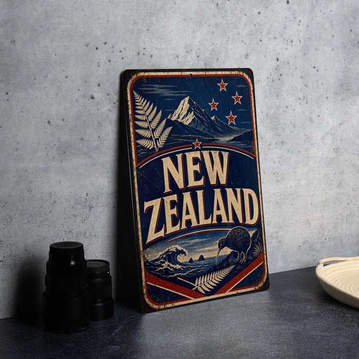 A vintage-style metal sign with the text "NEW ZEALAND" prominently displayed, featuring a mountain landscape and stars, is leaning against a concrete wall.