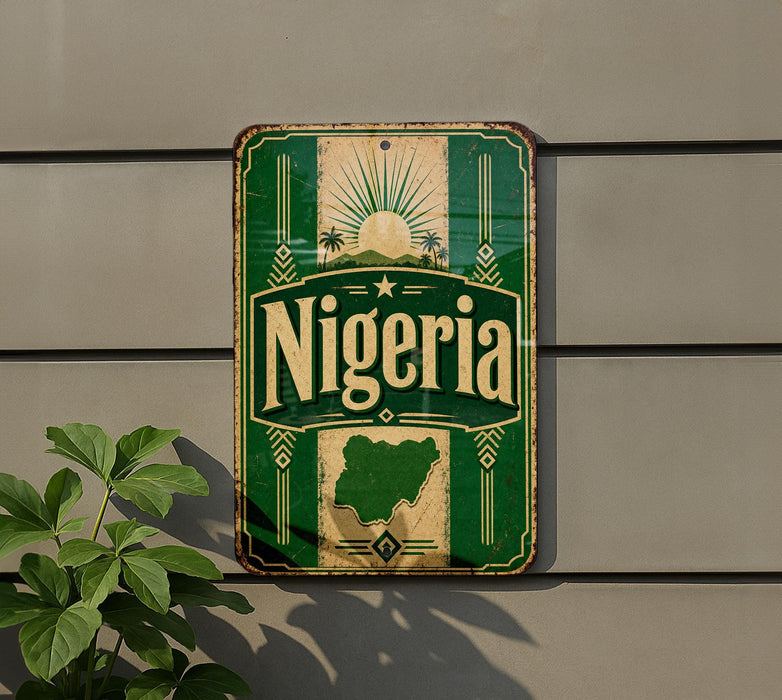 a vintage-style sign with the word "Nigeria" prominently displayed, mounted on a wall.