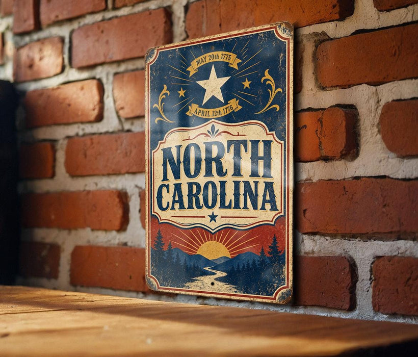A vintage metal sign with the text "NORTH CAROLINA" and a star, hanging on a brick wall.