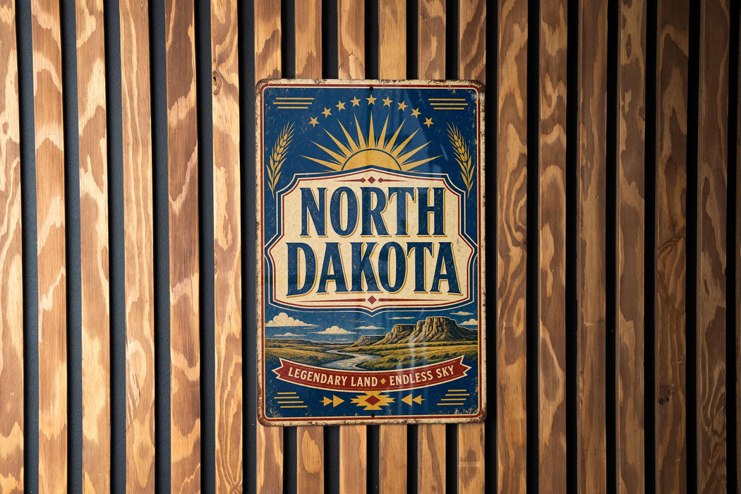 A vintage metal sign with the text "NORTH DAKOTA" and a sun-like symbol is displayed on a wooden wall.