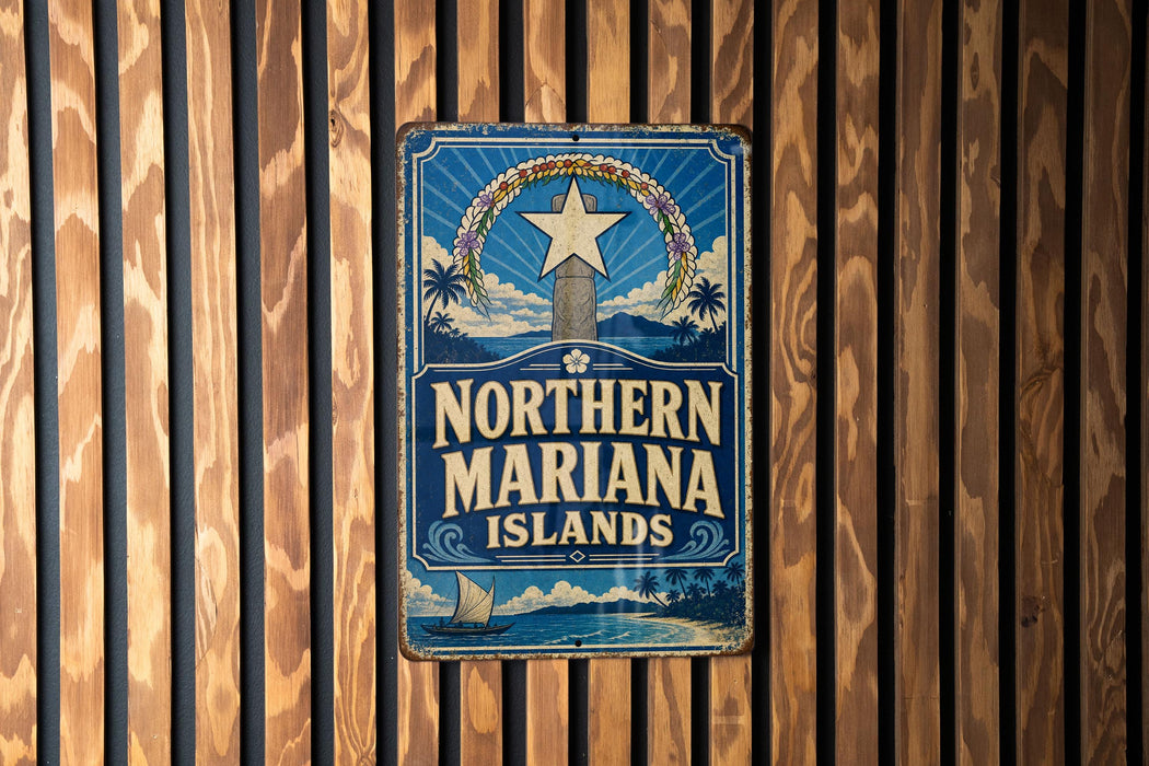 A vintage-style sign for the Northern Mariana Islands, featuring a blue background with a white star and palm trees, mounted on a wooden wall.