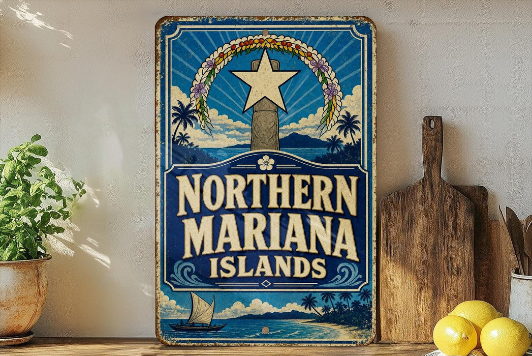A vintage-style sign for the Northern Mariana Islands, featuring a blue background with a white star and tropical imagery, is displayed on a shelf next to a wooden cutting board and a potted plant.