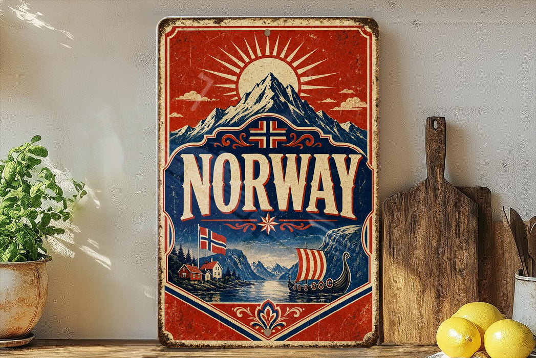 a vintage-style sign with the word "NORWAY" prominently displayed, surrounded by a scenic illustration of mountains, a ship, and a sun. The sign is placed on a shelf next to a wooden cutting board and some potted plants, creating a rustic and charming atmosphere.