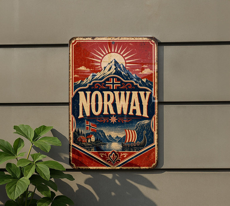 a vintage-style metal sign with the word "NORWAY" prominently displayed, along with a mountain landscape and sailing ships, all set against a red and blue background.