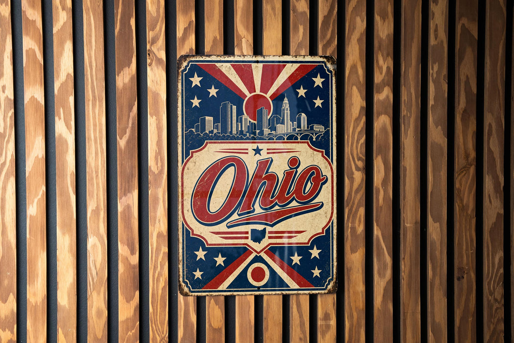 A vintage-style metal sign with the word "Ohio" prominently displayed, featuring a city skyline and stars in the background.