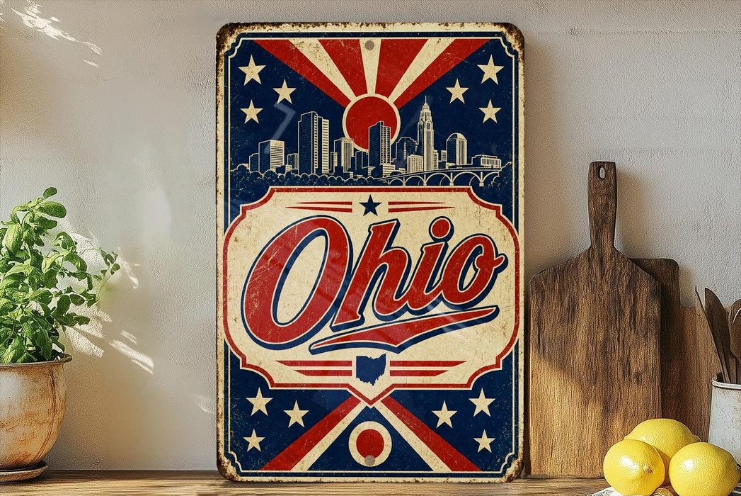 A vintage-style metal sign with the word "Ohio" prominently displayed, featuring a city skyline and stars in the background. The sign is placed on a shelf next to a wooden cutting board and a potted plant.