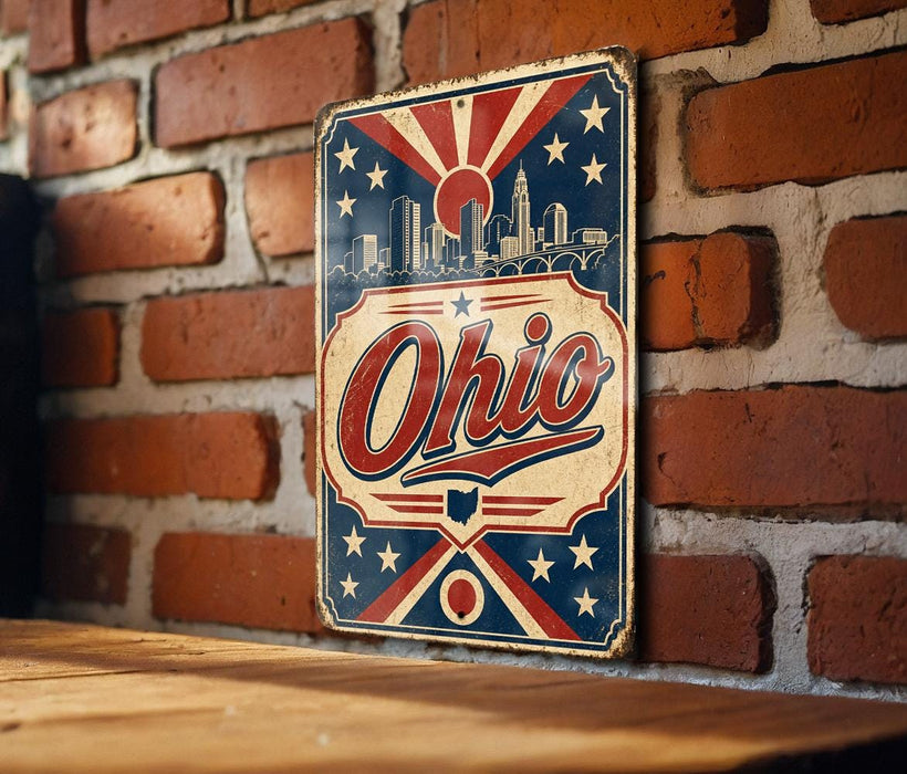 A vintage-style metal sign with the word "Ohio" prominently displayed, featuring a city skyline and stars in the background.