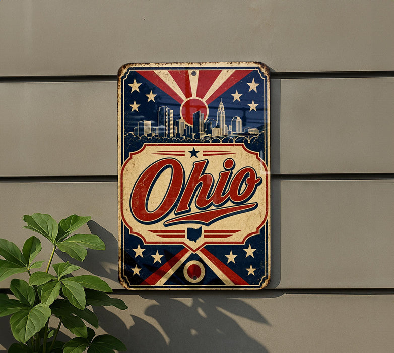 A vintage-style sign with the word "Ohio" prominently displayed, featuring a city skyline and stars in the background.