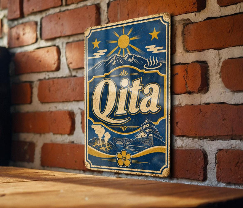 A vintage-style metal sign with the word "Qita" displayed prominently, featuring a sun, mountains, and a temple-like structure.